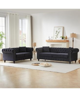 Classic Chesterfield Velvet 3-Seater Sofa with Tufted Buttons and Wood Legs