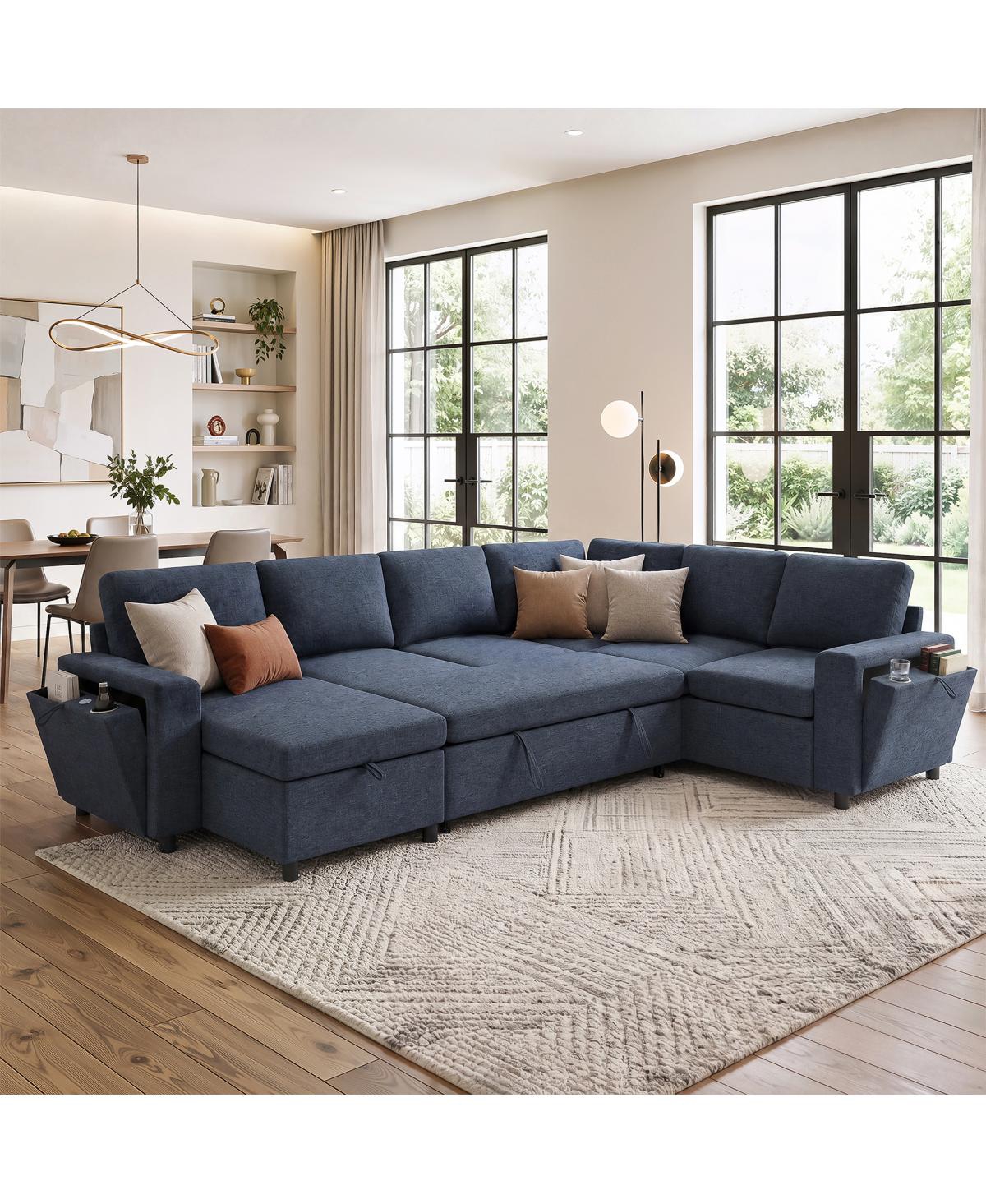 Streamdale Furniture U-Shaped Convertible Sectional Sofa Bed with Storage, Usb and Cup Holders