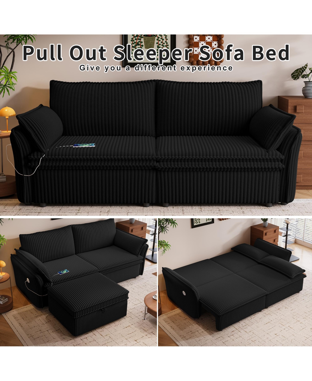 Boyel Living 85" Convertible Sofa Bed, 2-in-1 Plush Fleece Pull-Out Couch with Wood Frame, 600 lbs Capacity for Room