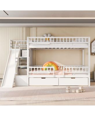 Full over Full Bunk Bed with Storage Staircase, Slide and 2 Drawers