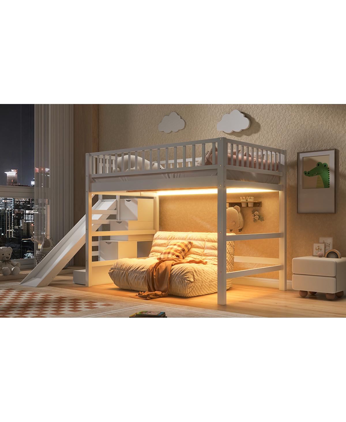 Streamdale Furniture Full Size Loft Bed with Storage Staircase, Slide and Led Light
