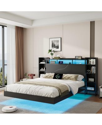 Queen Floating Bed Frame with LED Lights, USB Ports and Storage Headboard