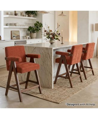 Set of 2 Upholstered Counter Height Bar Stools with Arms, Polyester Blend, Solid Wood Frame, Full Back