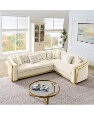  106" L-Shaped Velvet Chesterfield Sectional Sofa with Gold Accents