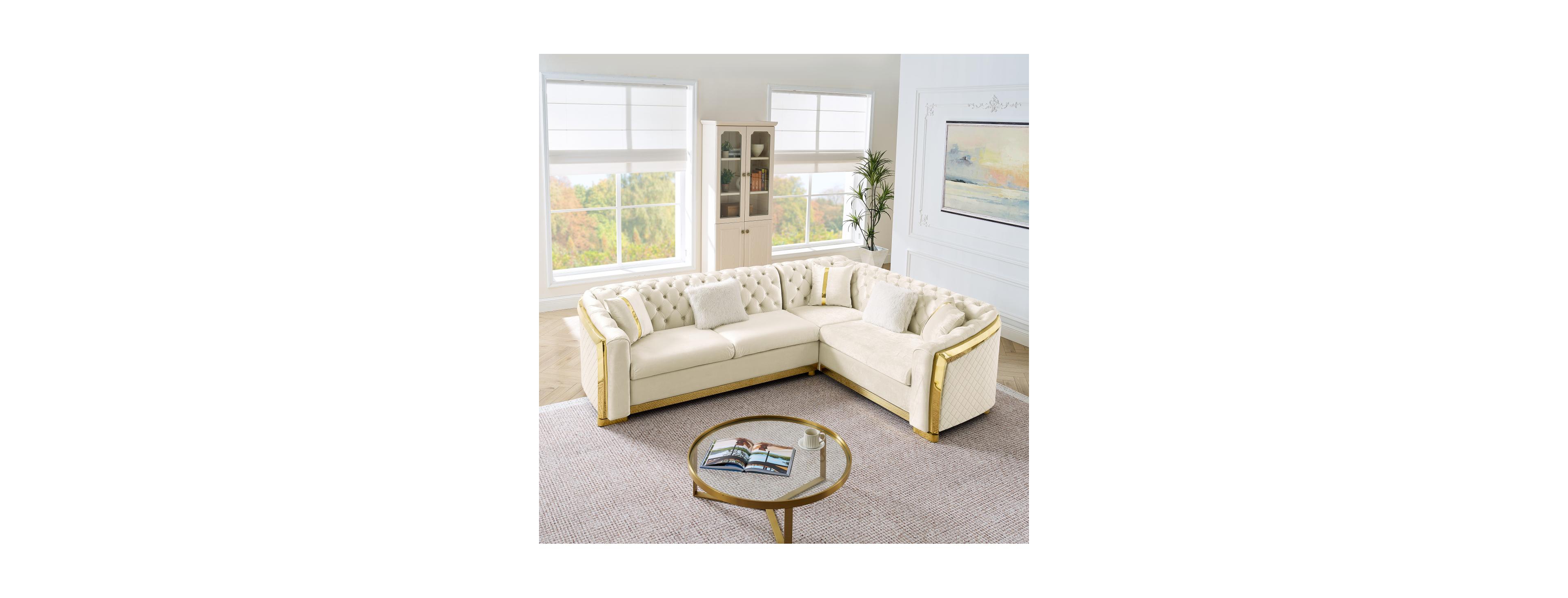 Streamdale Furniture 106" L-Shaped Velvet Chesterfield Sectional Sofa with Gold Accents