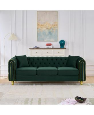  86" Modern 3-Seater Velvet Chesterfield Loveseat with Gold Legs