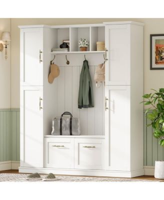Farmhouse Hall Tree with Storage Cabinets, Bench, and Coat Rack