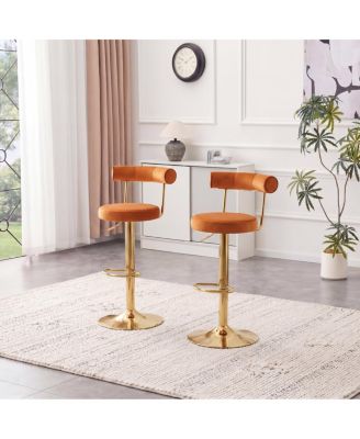 Set of 2 Velvet Swivel Adjustable Bar Stools with Gold Legs
