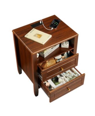 Nightstand with Charging Station, Modern Bedside Table with 2 Drawers and Open Storage Shelf