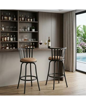 Set of Two Suede Faux Leather and Iron Low Back Adjustable Height Swivel Bar Chairs