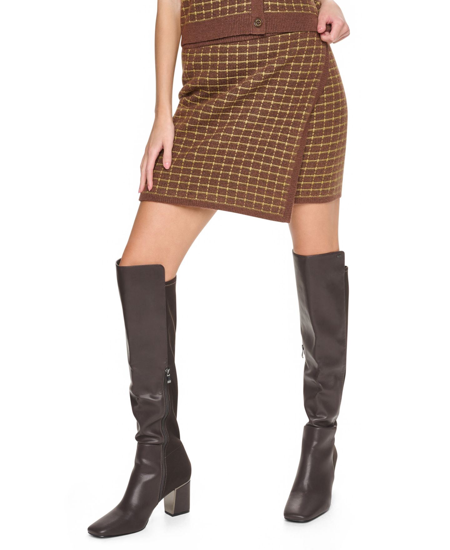 Женская юбка DKNY Jeans High-Waisted A-Line Plaid Mini, цвет: Каштановый — фото 4
