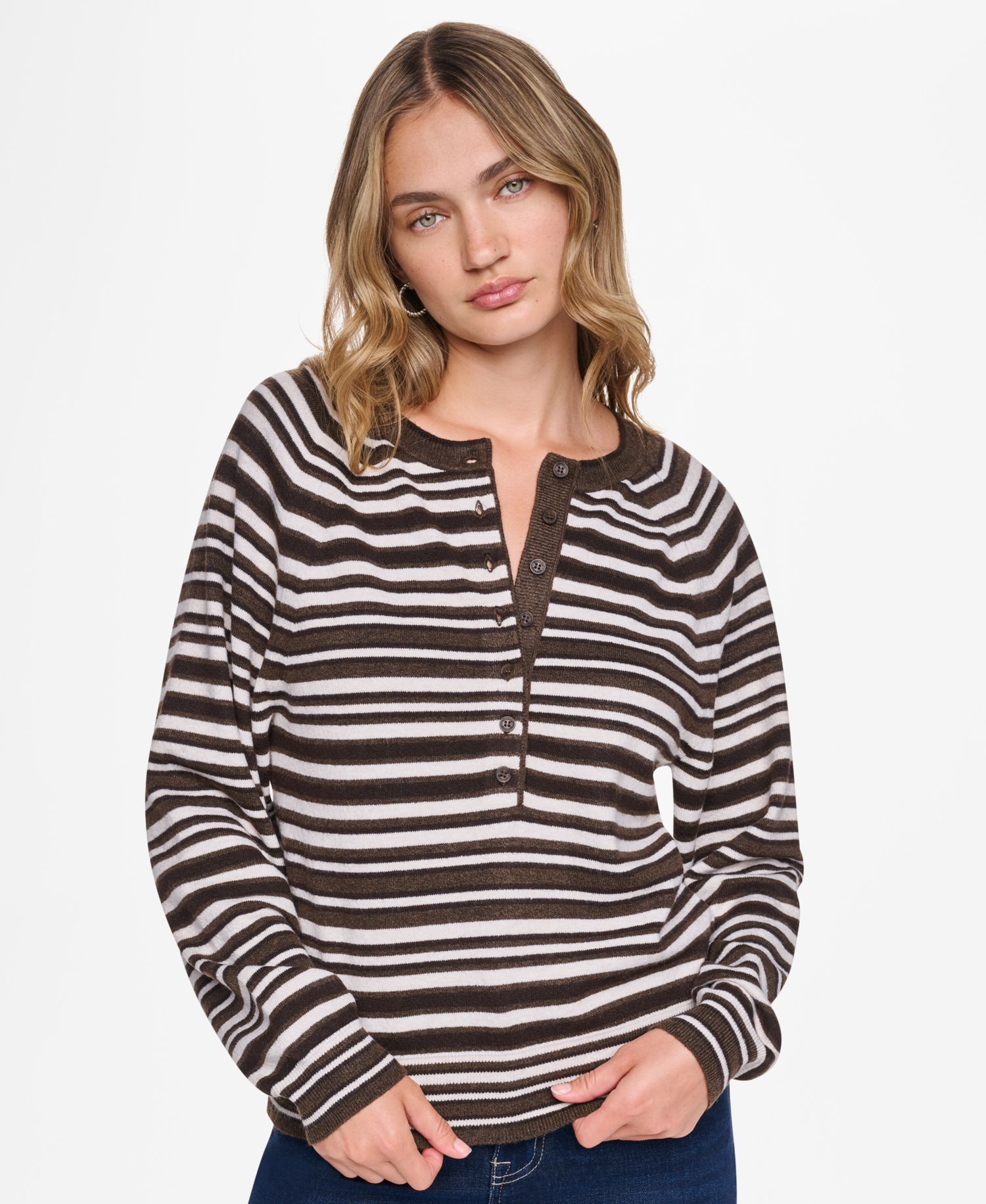 Women's Striped Raglan Crew Neck Long-Sleeve Henley Sweater
