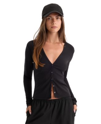 Women's Rib V-Neck Button-Front Cardigan Sweater