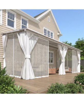 20' x 8'Wall Mounted Hardtop Gazebo Lean to Metal Pergola with Curtains Netting Patio