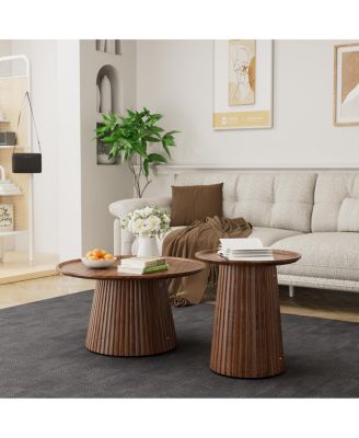  Set of 2 Round Wooden Coffee Tables, Modern Walnut Finish