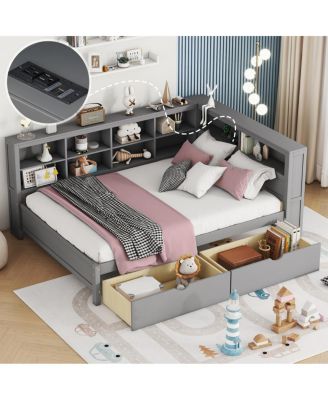 Wooden Full Size Daybed with 2 Drawers, Storage Shelf, and USB Ports