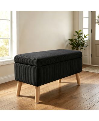 32" Corduroy Flip-Top Storage Ottoman Bench with Wooden Legs