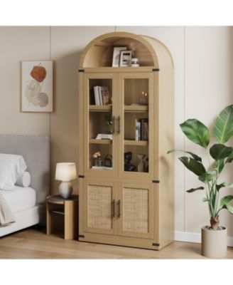 71" Arched Bookshelf with Glass Doors 5-Tier Modern Bookcase with Shelves, Farmhouse Storage Cabinet for Living Room and Office