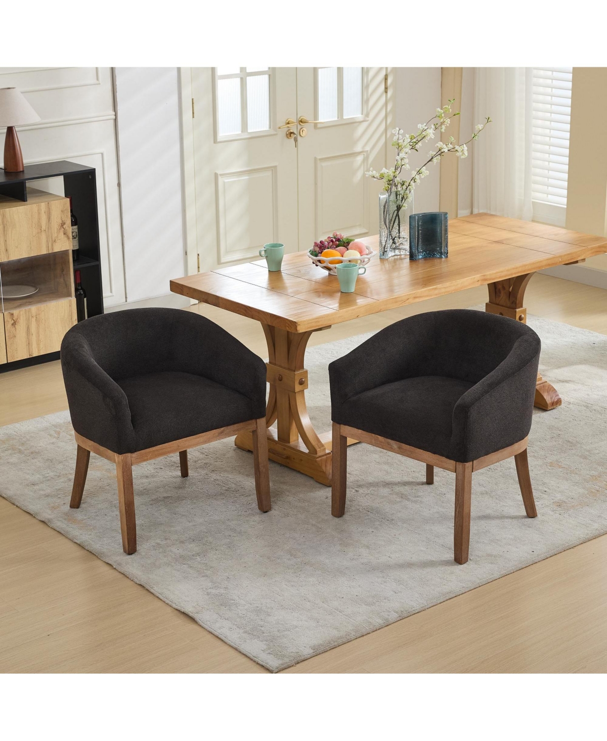 Clihome Upholstered Barrel Dining Chairs, Farmhouse Linen Accent Chairs with Natural Hardwood Frame