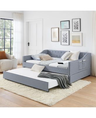 Upholstered Full-Size Convertible Daybed with Trundle and Side Storage