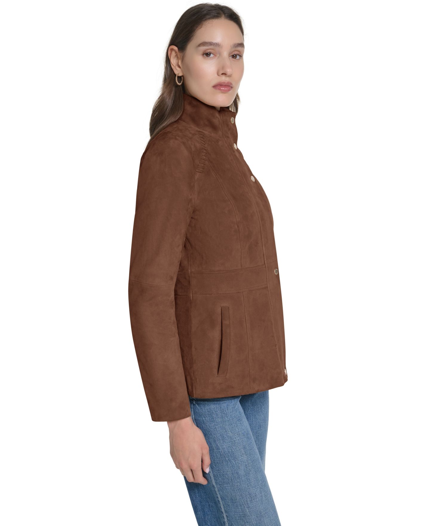 Женская куртка Cole Haan Suede Zip Up Jacket with Stitch Detailing, цвет: Шоколадный — фото 4
