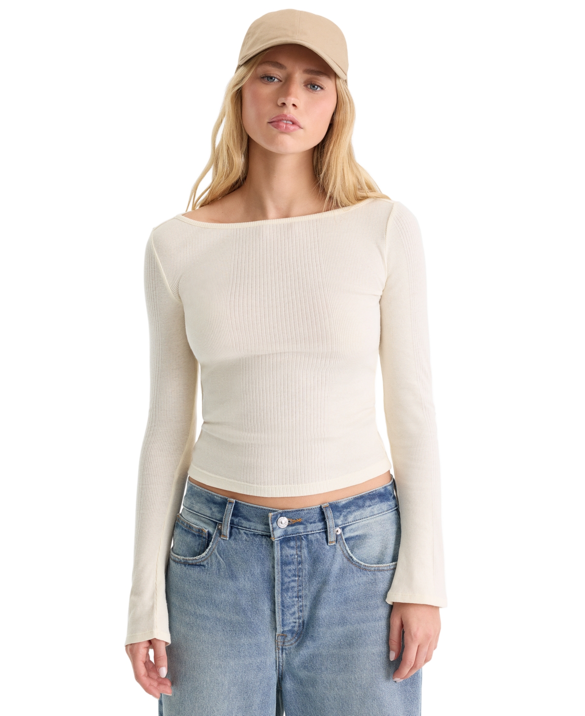 Good American Women's Boat-Neck Long-Sleeve Top - Chalk