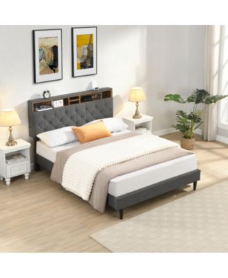Queen Size Platform Bed Frame with USB Outlet and Storage Compartments, Heavy Duty Metal Slats, No Box Spring Needed