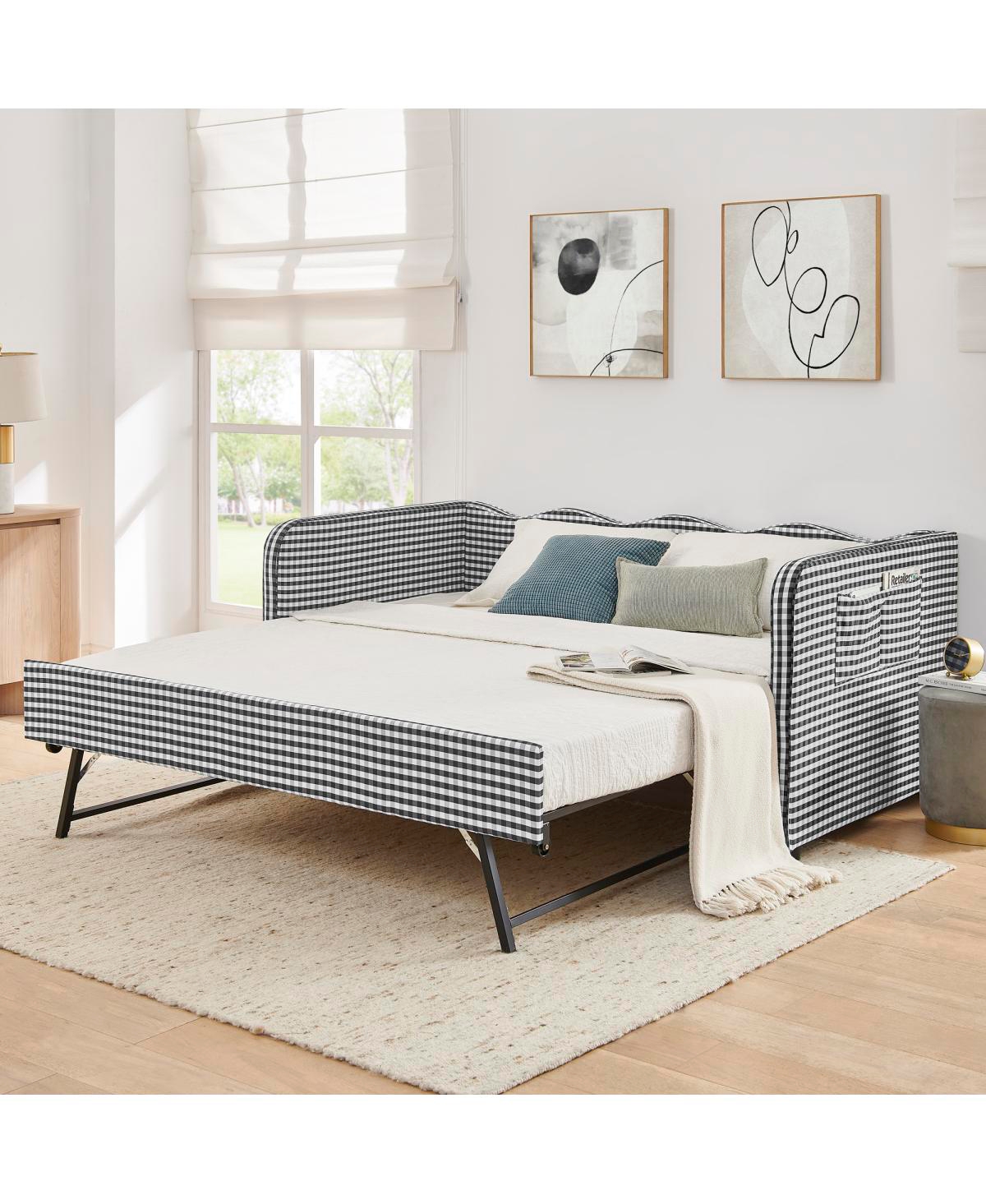 Streamdale Furniture Gingham Upholstered 3-in-1 Twin Daybed with Trundle and Storage