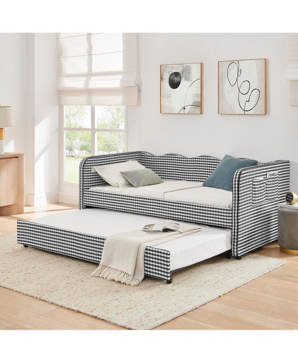 Streamdale Furniture Gingham Upholstered 3-in-1 Twin Daybed with Trundle and Storage