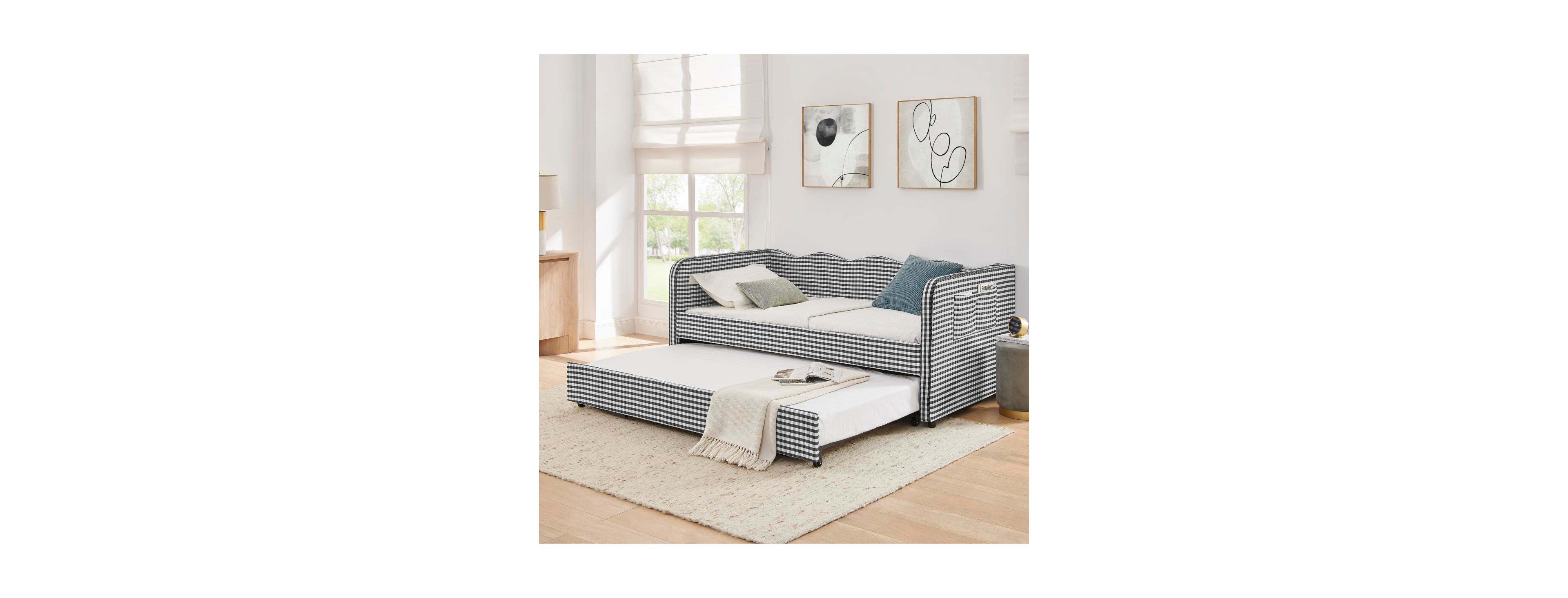 Streamdale Furniture Gingham Upholstered 3-in-1 Twin Daybed with Trundle and Storage