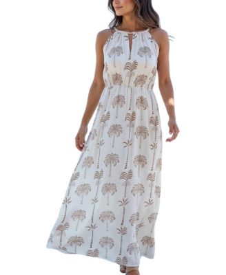 Women's Palm Print High Neck Maxi Dress