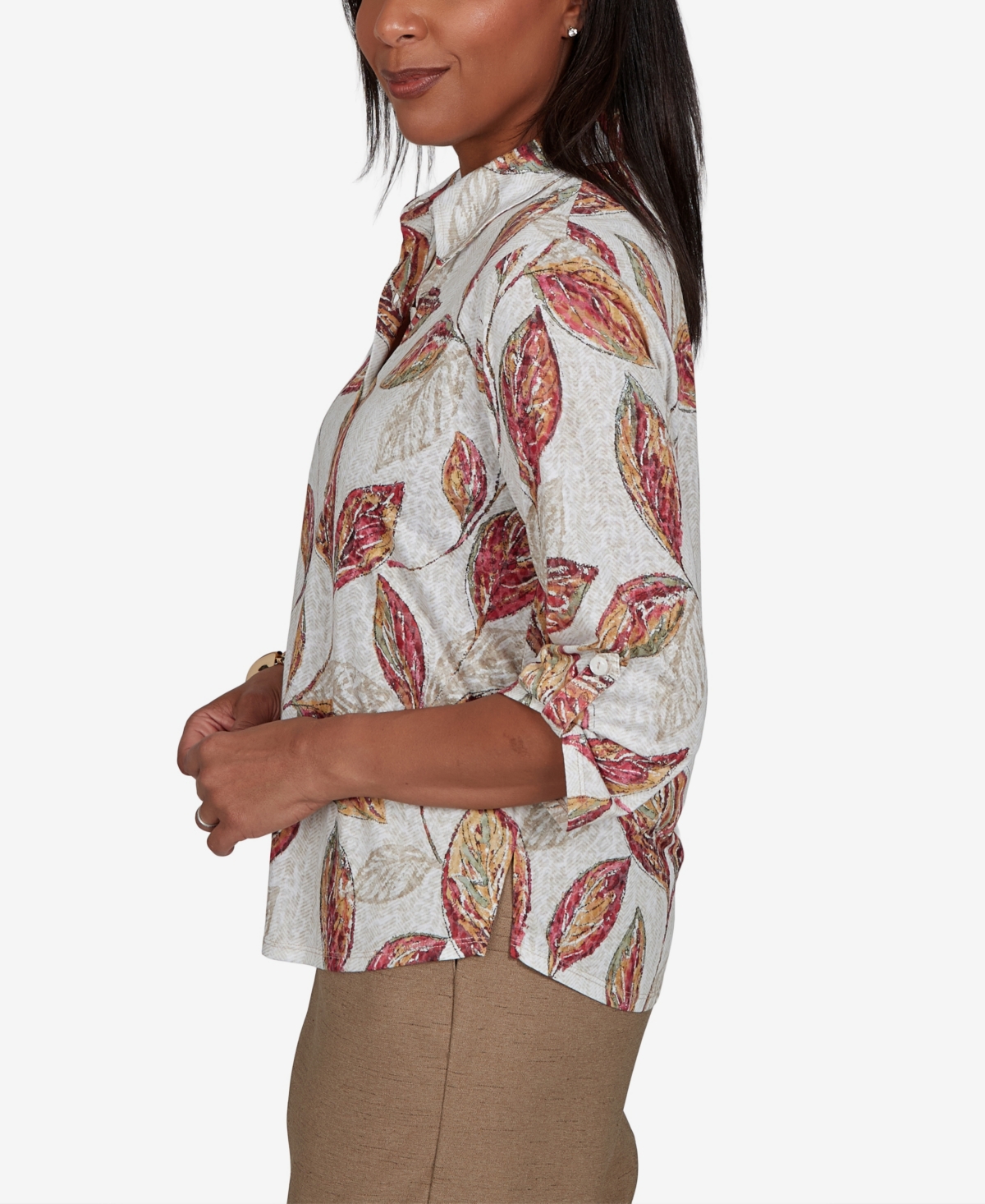 Alfred Dunner Women's Union Square Sketched Leaf Button Front Knit Top