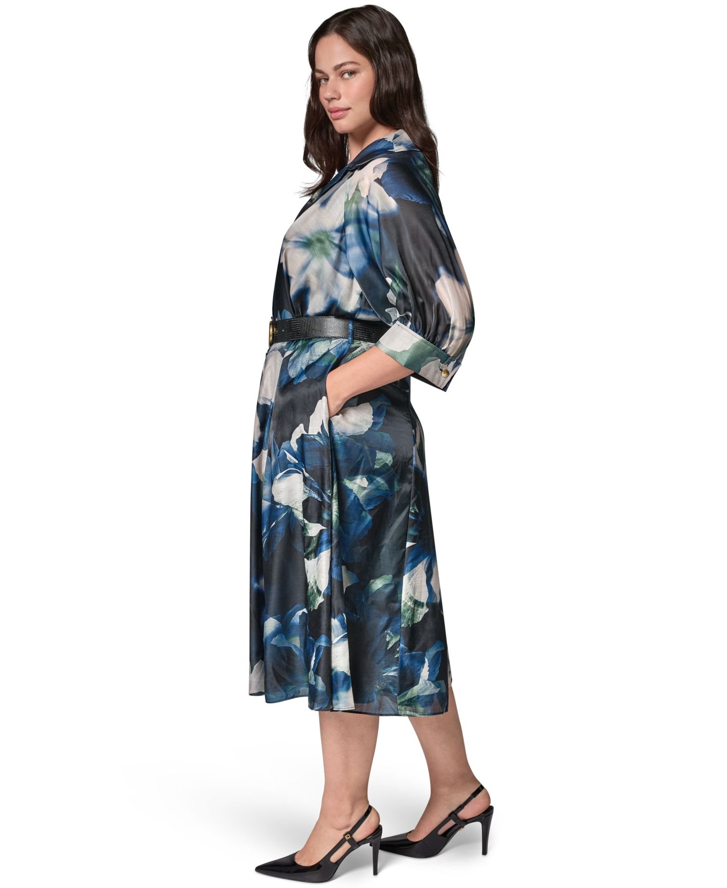 Женское платье Donna Karan New York Plus Organza Printed Shirt Dress, цвет: Чёрный тёмно-зелёный разноцветный — фото 3