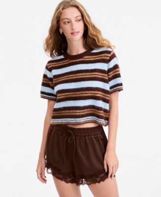 Women's Short-Sleeve Striped Brushed Crop Sweater