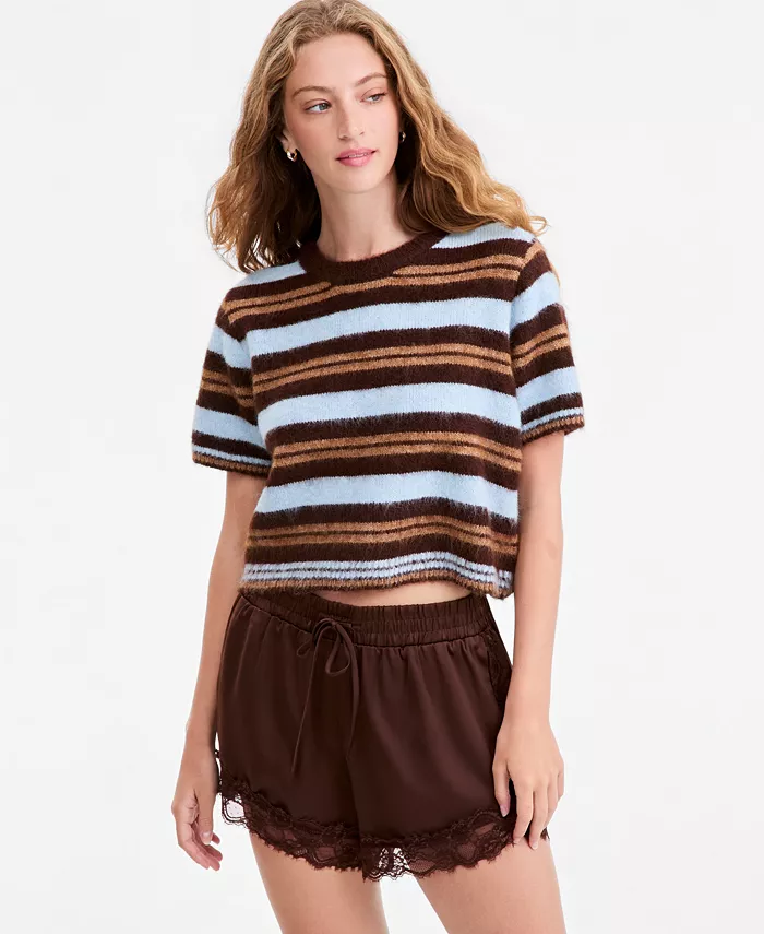 Women's Short-Sleeve Striped Brushed Crop Sweater