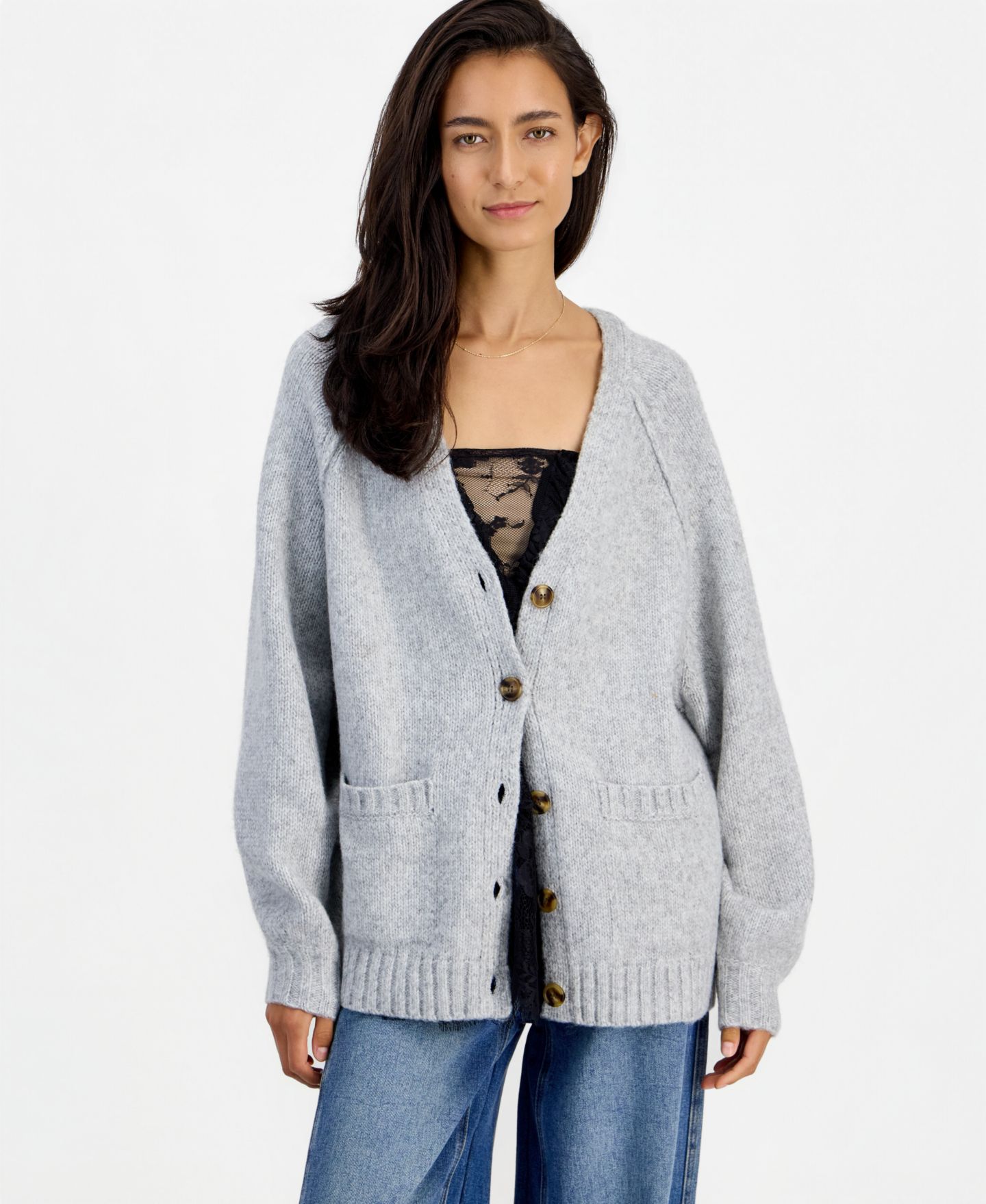 Женский кардиган And Now This Slouchy Ribbed-Knit Button-Up, цвет: Серый — фото 1
