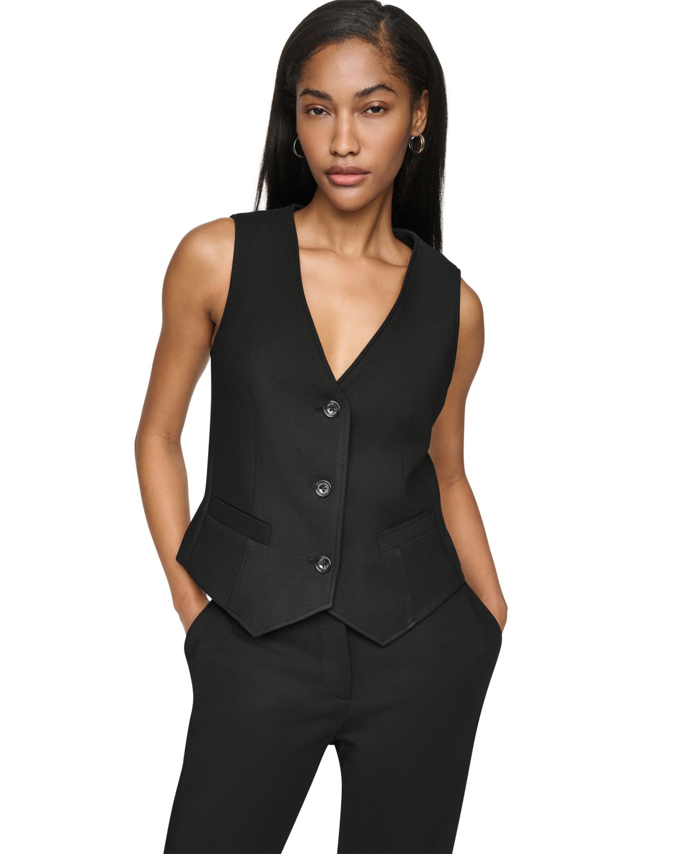 Женский жилет DKNY Double Weave V-Neck Fitted Vest, цвет: Чёрный — фото 5