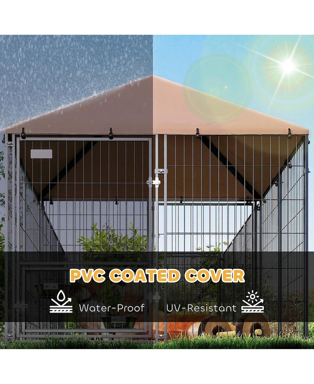 Ruie Large Outdoor Dog Kennel with Rotating Adjustable Bowls and Uv Canopy