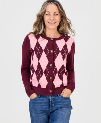 Petite Argyle Fitted Crewneck Cardigan, Macy's Exclusive