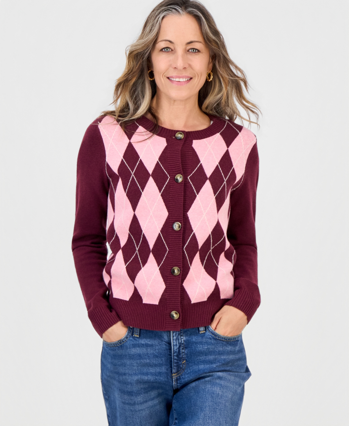 Style & Co Petite Argyle Fitted Crewneck Cardigan, Macy's Exclusive