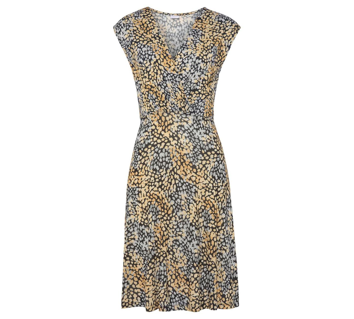 Женское платье Lascana Viscose Printed Look A-Line V-Neck Ruched Short, цвет: Чёрный / Жёлтый — фото 4
