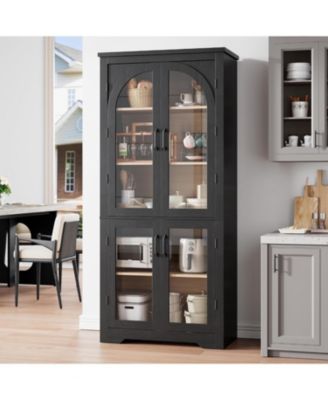 70" Tall Arch Glass Pantry Cabinet, 4-Door Display Storage with Adjustable Shelvesfor Kitchen, Dining Room, Living Room, Bathroom