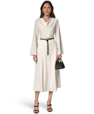 Satin Long-Sleeve Cowl Neck Belted A-Line Dress