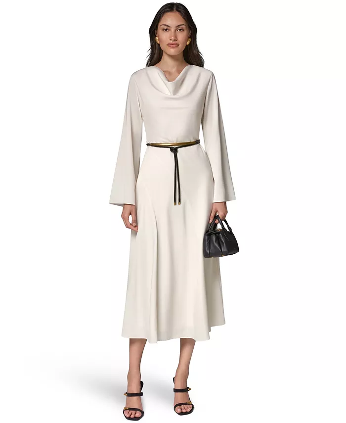 Satin Long-Sleeve Cowl Neck Belted A-Line Dress