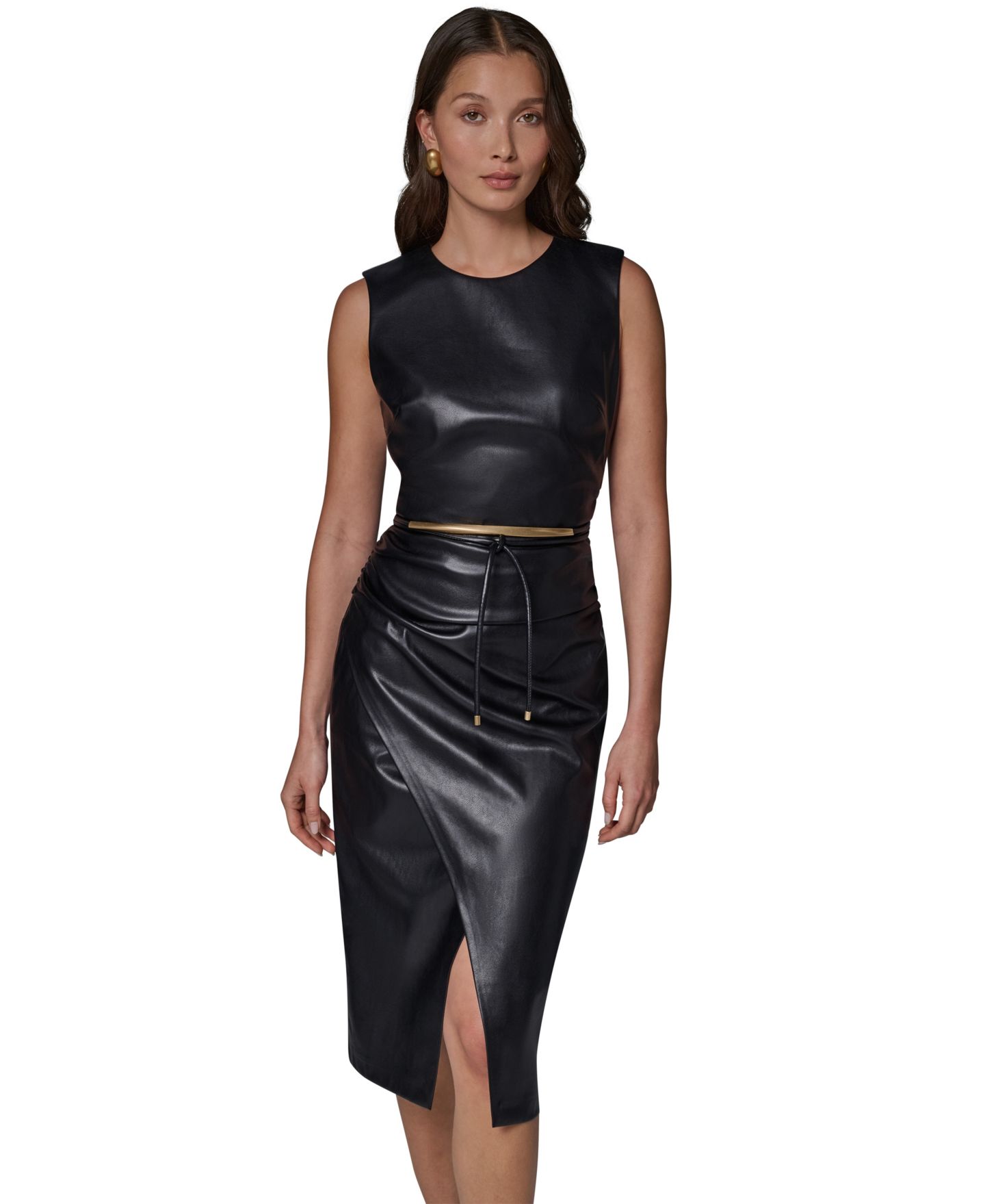 Женское платье Donna Karan New York Sleeveless Faux Leather Side-Ruched Midi Dress with Lariat Belt, цвет: Чёрный — фото 2