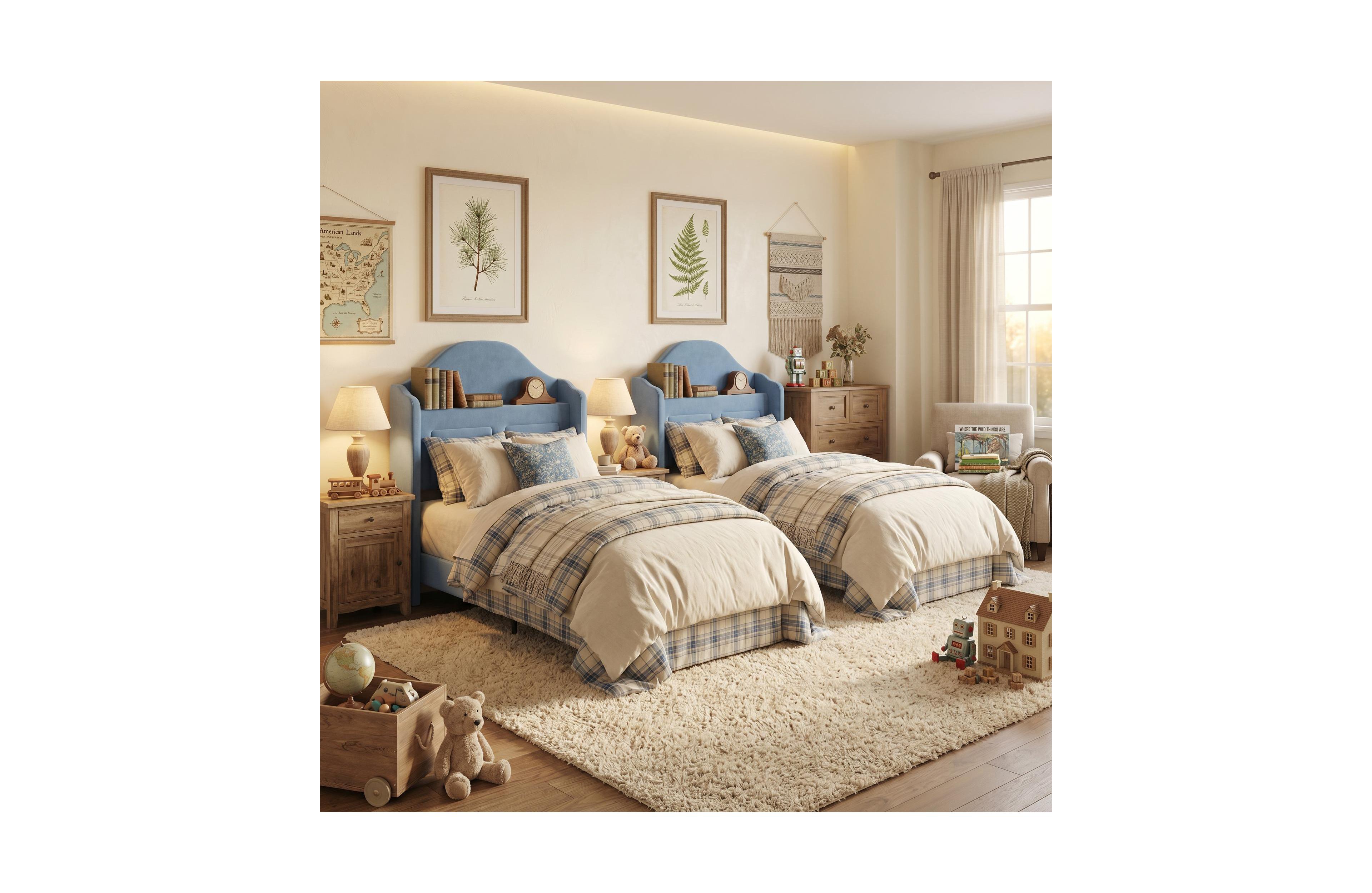 Gaomon 2 Set of Twin Bed Frame, Velvet Platform Bed Frame with Led Light and Storage Headboard, Sturdy Wooden Slats, No Box Spring Needed
