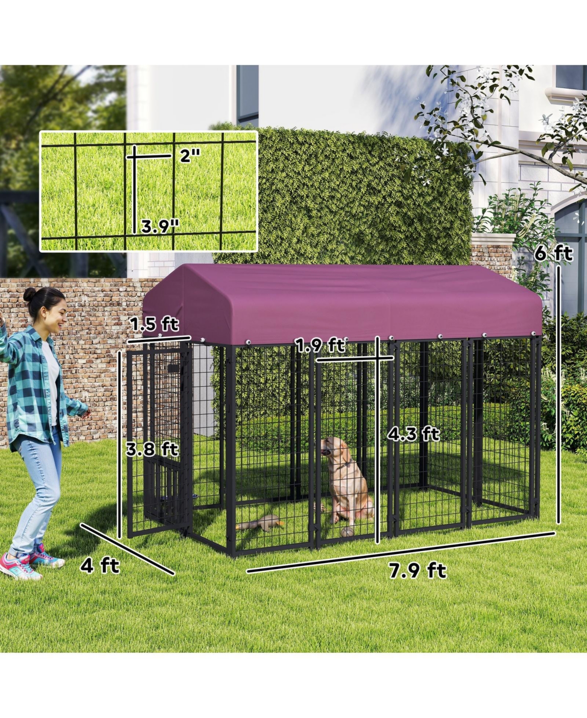 Ruie Outdoor Dog Kennel Welded Wire Dog Run with Rotating Adjustable Bowls