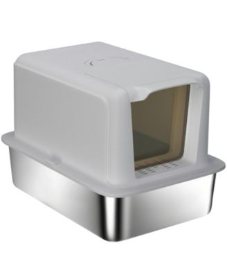 2-in-1 Stainless Steel Cat Litter Box with Removable Lid and Scoop
