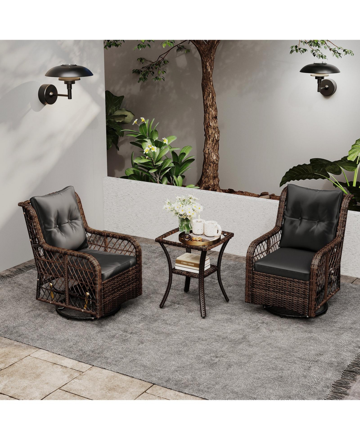 Sugift 3 Pieces Patio Furniture Set Pe Wicker Swivel Glider Chairs with 2-Tier Side Table and Cushions
