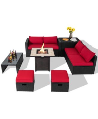 9-Piece PE Rattan Sectional Sofa Set with 42 in Gas Fire Pit Table